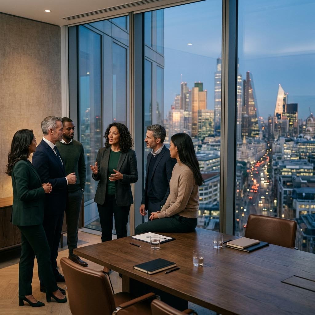 Executive team in discussion around a boardroom table